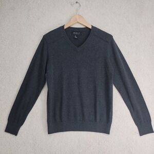 21MEN Sweater Mens S V-Neck Long Sleeve Knit Pullover Ribbed Hem Gray Casual